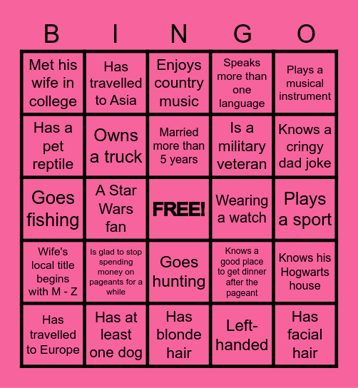 Pageant Husband Bingo Card