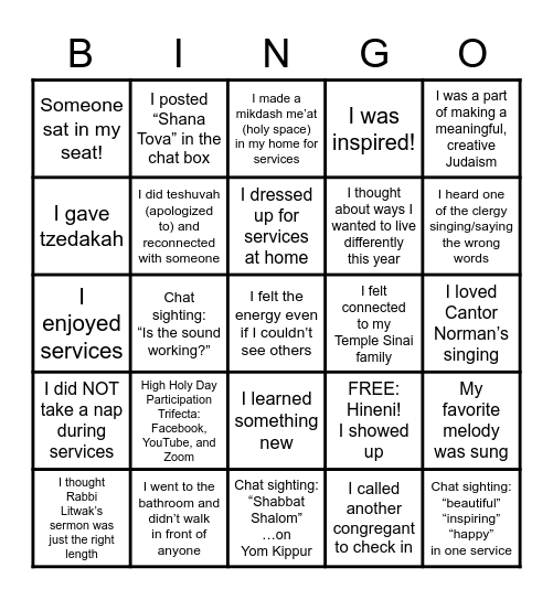 High Holy Days 5781/2020 Bingo Card