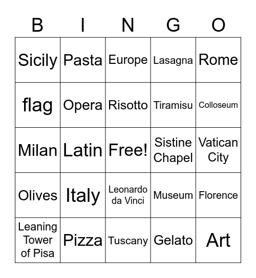 Italy Bingo Card