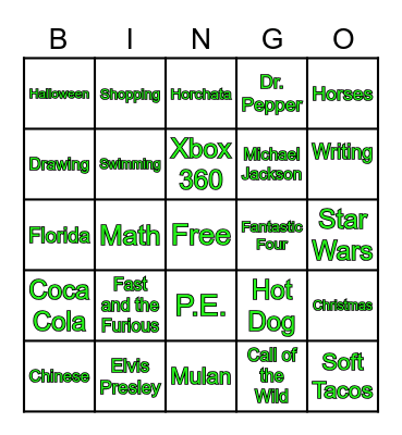 A few of my Favorite Things Bingo Card