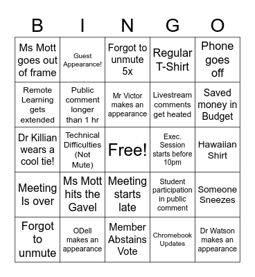 Board Meeting Bingo Card