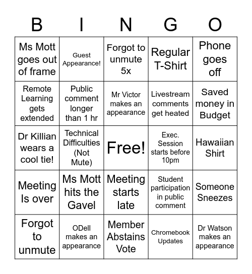 Board Meeting Bingo Card