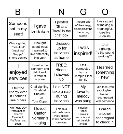 High Holy Days 5781/2020 Bingo Card