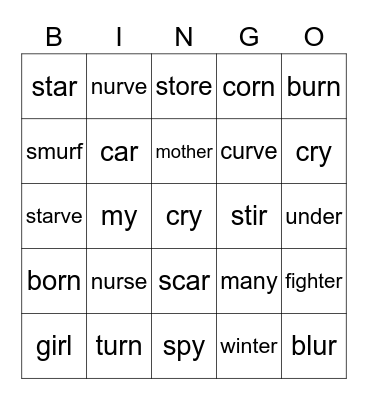 ur ir er or ar y Bingo Card