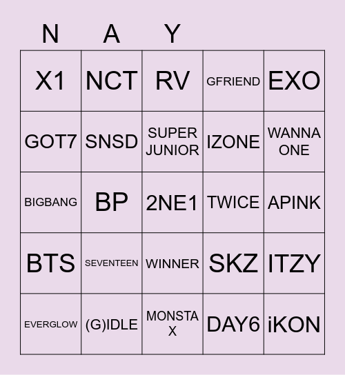 kpop grup Bingo Card