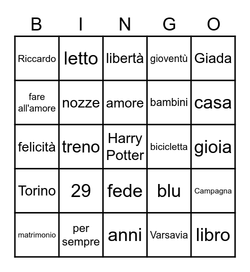 Matrimonio Giada e Riccardo Bingo Card