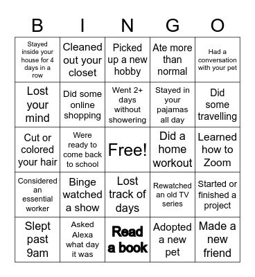 Quarantine Bingo Card