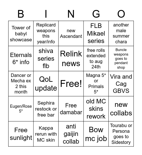 gbf stream Bingo Card