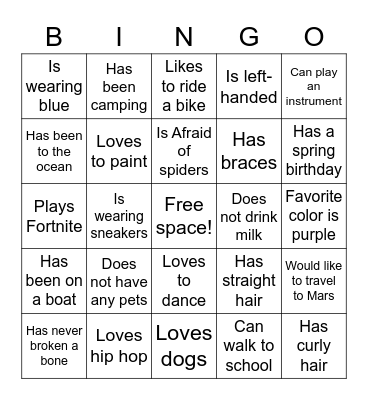 Ice breaker Bingo Card