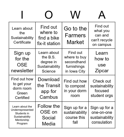 UI Sustainability BINGO Card