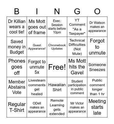 Board Meeting Bingo Card