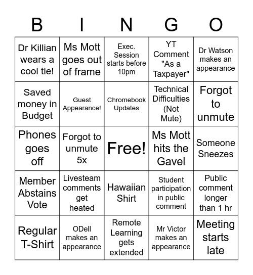 Board Meeting Bingo Card