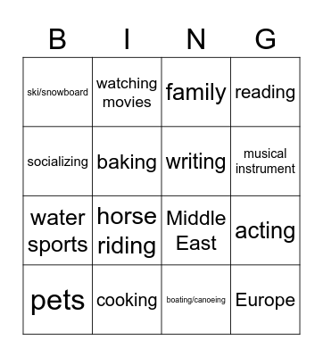 Hobbies, Interests and Travel Bingo Card