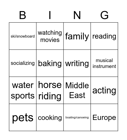 Hobbies, Interests and Travel Bingo Card