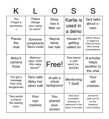 kwk house h bingo Card