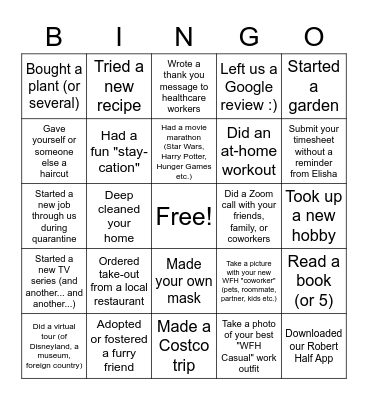 Quarantine Bingo Card