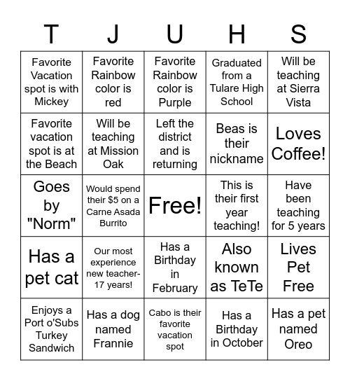 TJUHSD New Teacher Bingo! Bingo Card