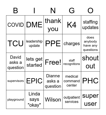 Department Call Bingo Card