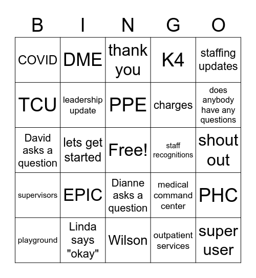 Department Call Bingo Card