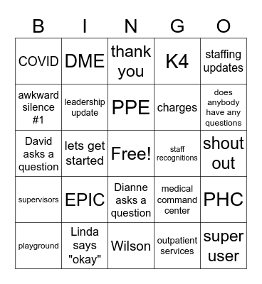 Department Call Bingo Card