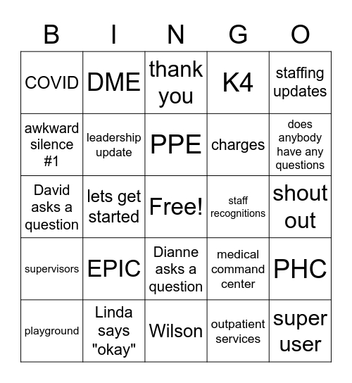 Department Call Bingo Card