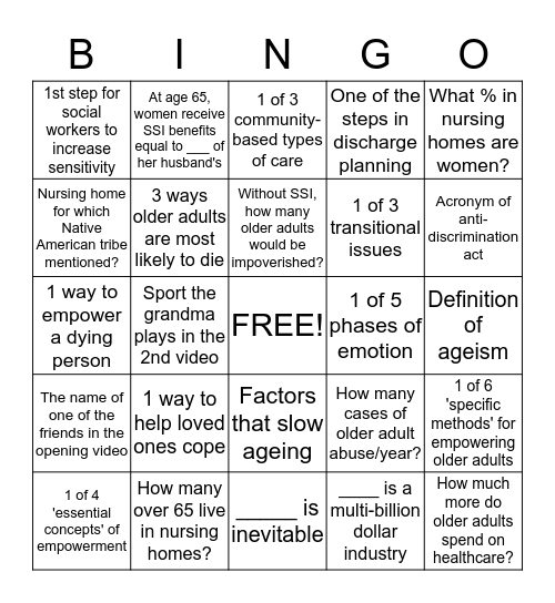 Social Work for Older Adults Bingo Card