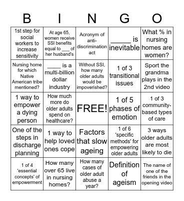 Social Work for Older Adults Bingo Card