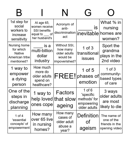 Social Work for Older Adults Bingo Card