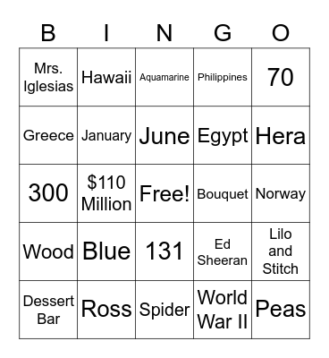 Wedding Trivia Bingo Card