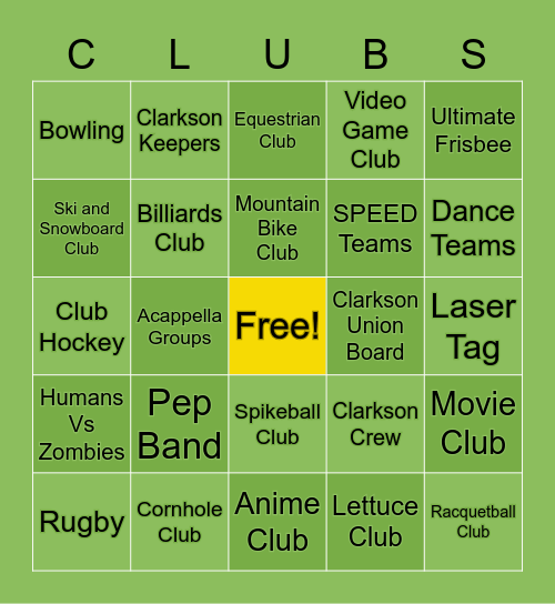 Clubs and Activities at Clarkson Bingo Card