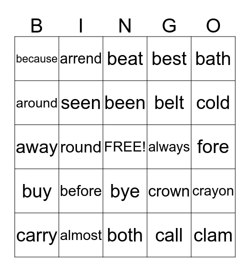 Spelling Bingo Card
