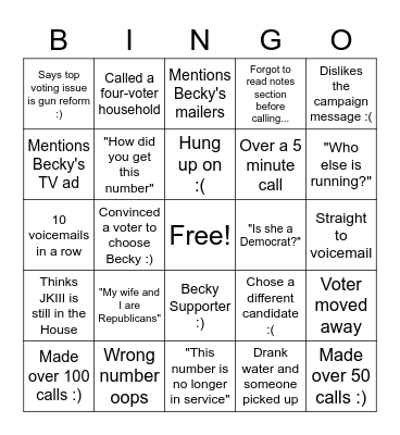 Becky Phonebank Bingo!!! Bingo Card