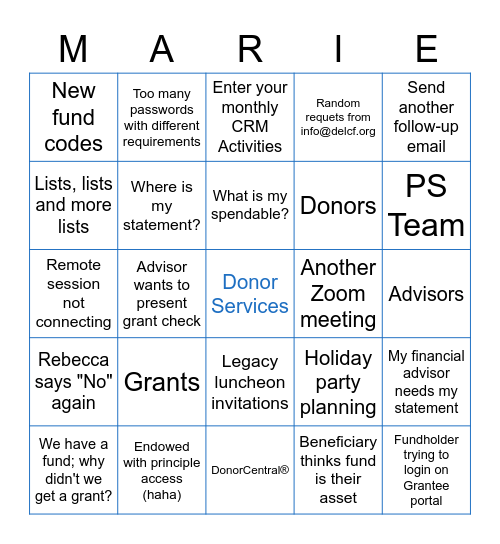 Donor Services Bingo Card