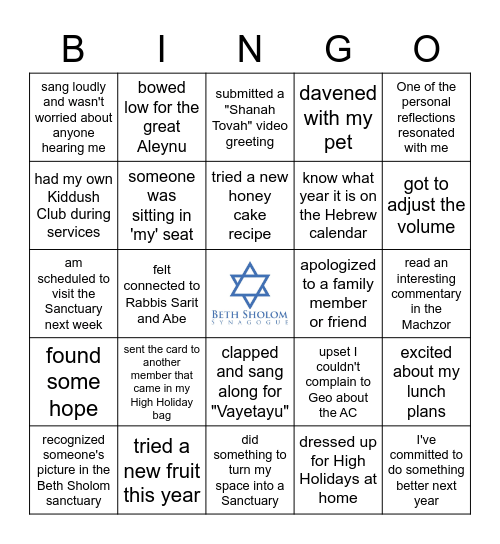 Beth Sholom Rosh Hashanah Bingo Card