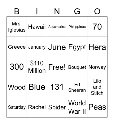 Wedding Trivia Bingo Card