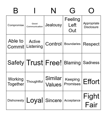 Healthy Relationships Bingo Card