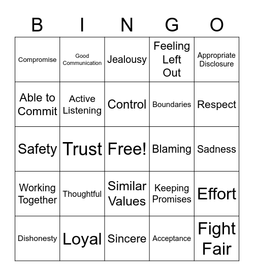 Healthy Relationships Bingo Card
