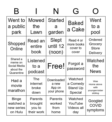 Quarantine Bingo Card