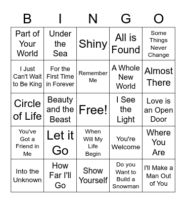Disney Music BINGO Card