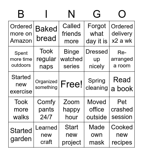 Quarantine Bingo Card