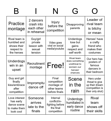 Dance Movie Bingo Card