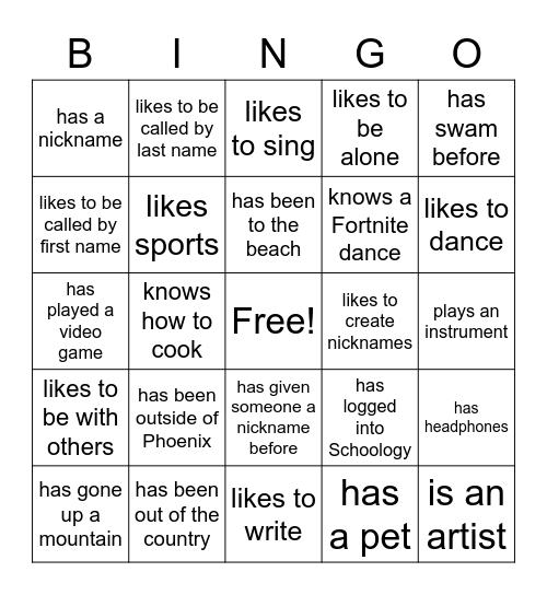 Classmate Bingo Card