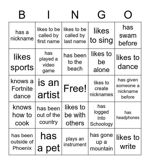 Classmate Bingo Card