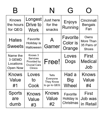 Crucial Care Bingo Card