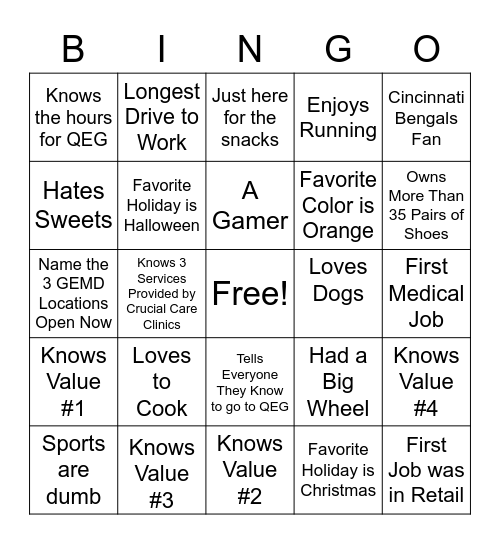 Crucial Care Bingo Card