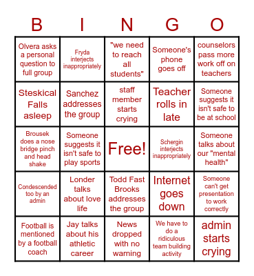 WHS Staff Meeting BINGO Card