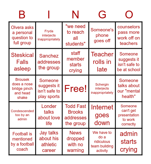 WHS Staff Meeting BINGO Card
