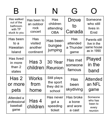 OBA Class of 1990 Reunion Bingo Card