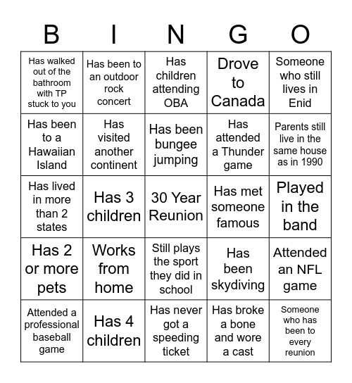 OBA Class of 1990 Reunion Bingo Card