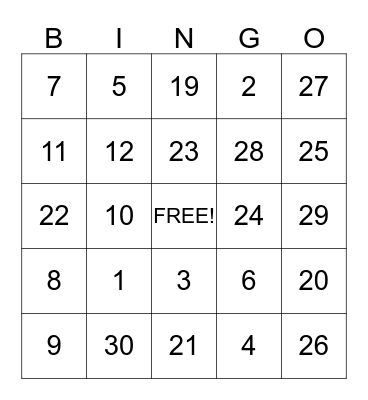 Number Bingo Card
